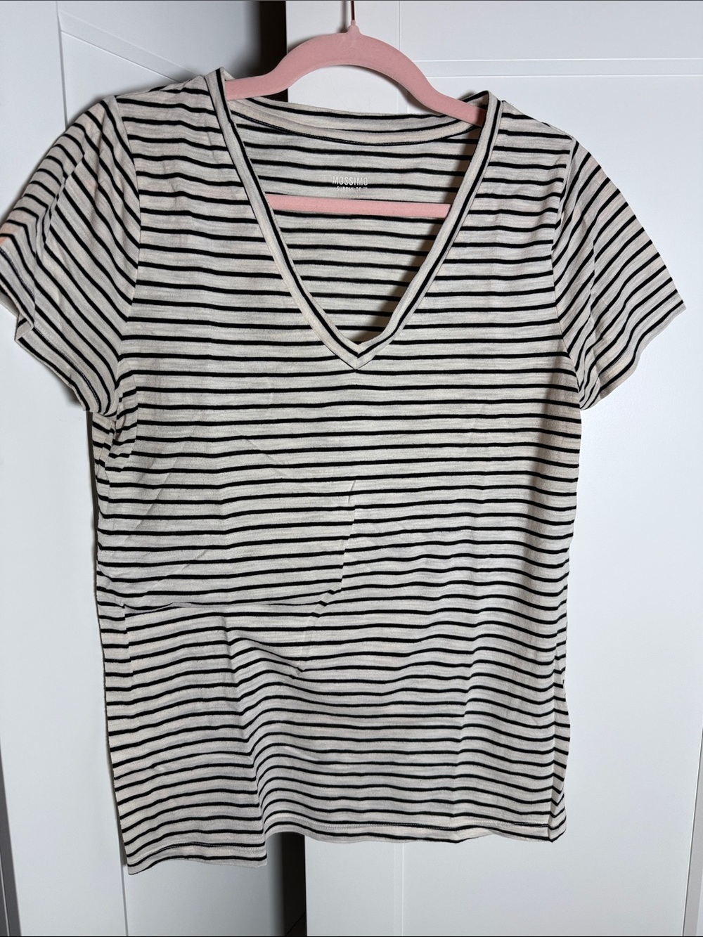 Striped V-Neck Short Sleeve Top - Black & Cream